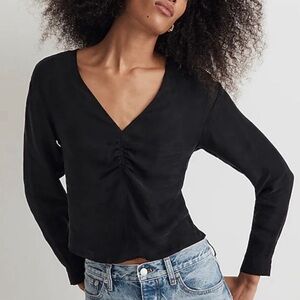 Madewell Ruched Front Black Long Sleeved Blouse Size 10